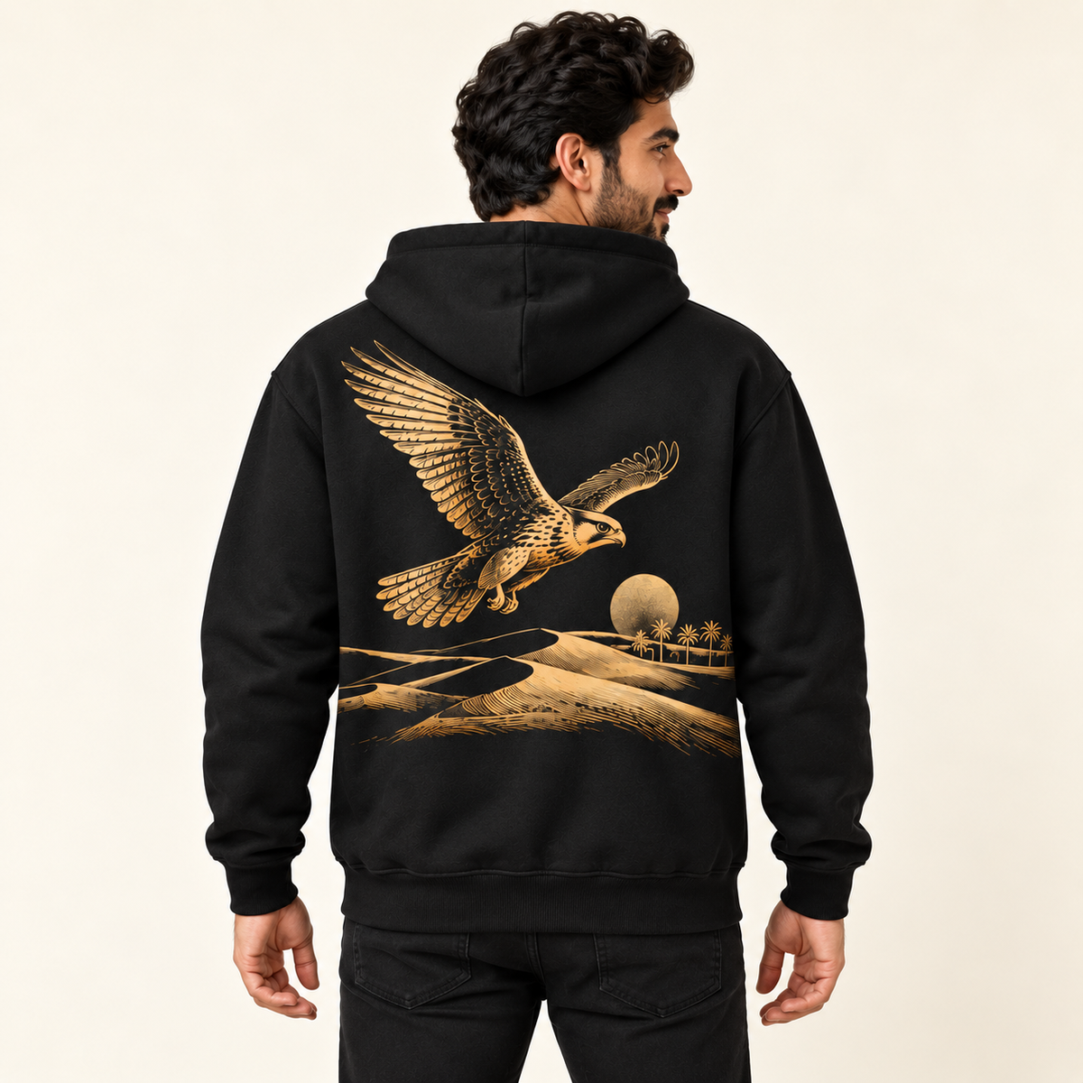 Black hoodie back view on the same model — illustrative print placement chosen by the customer