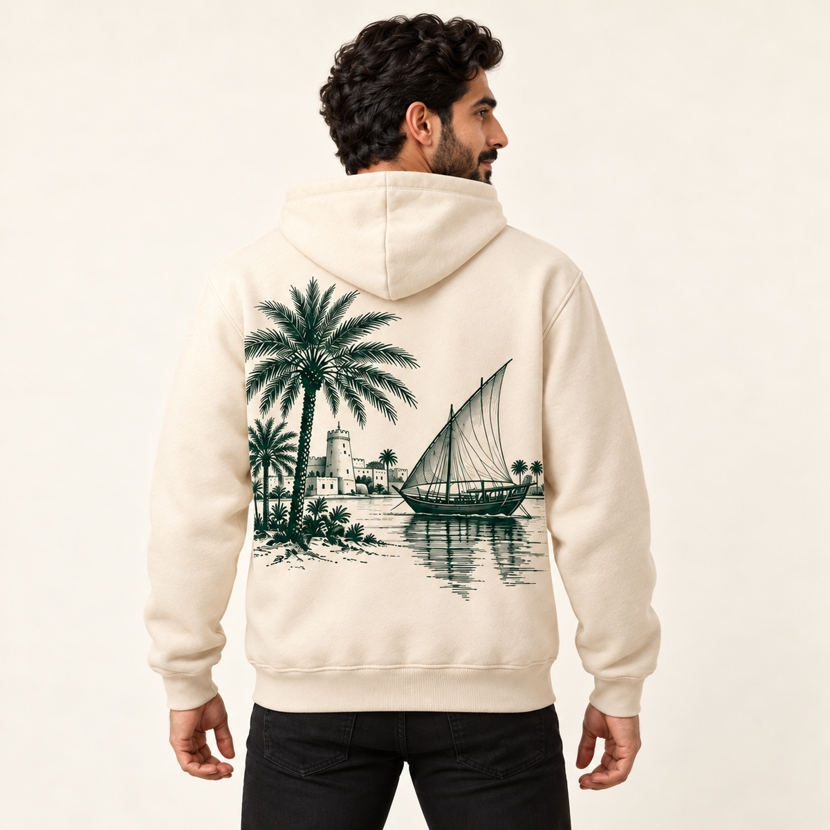 Cream hoodie back view on the same model — illustrative print placement chosen by the customer