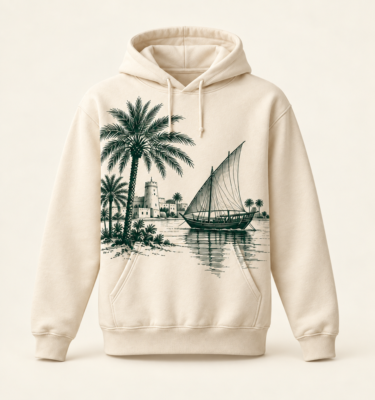 ASHKAL cream hoodie — dhow and palms — illustrative mockup