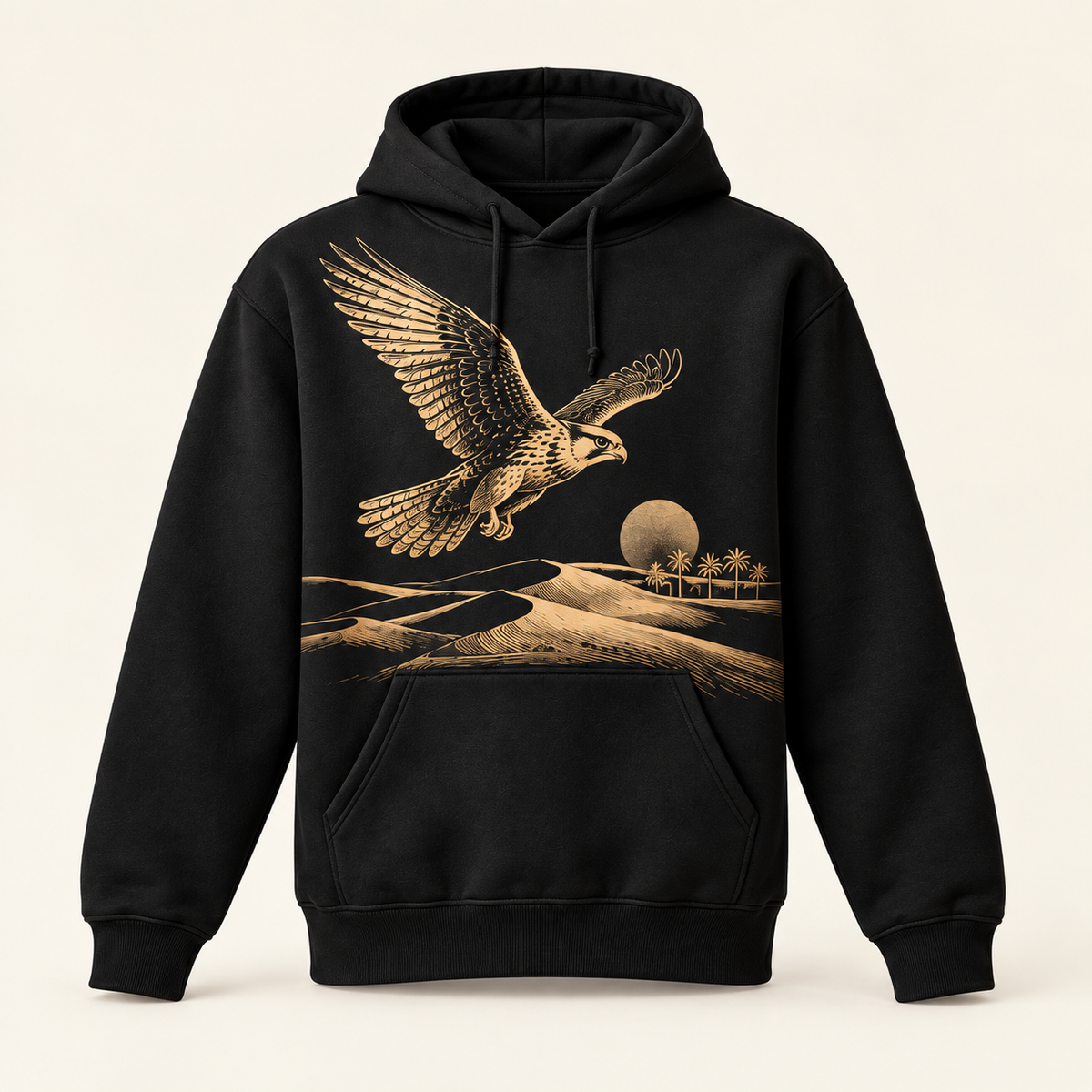 ASHKAL black hoodie — falcon and desert — illustrative mockup