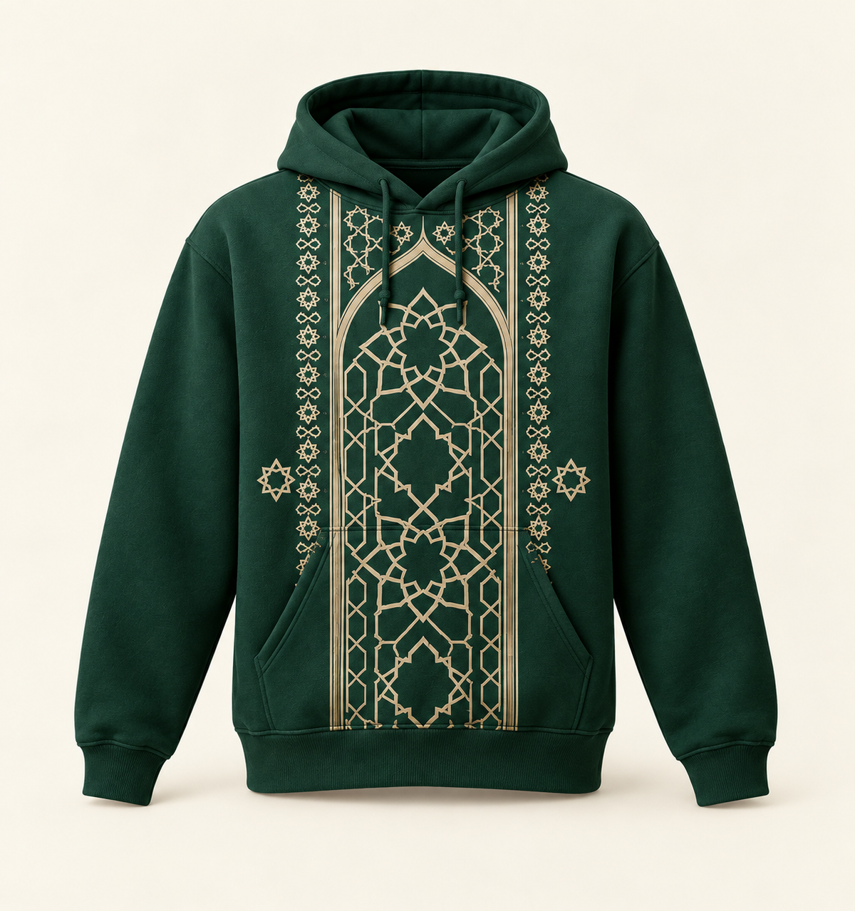 ASHKAL green hoodie — heritage patterns — illustrative mockup