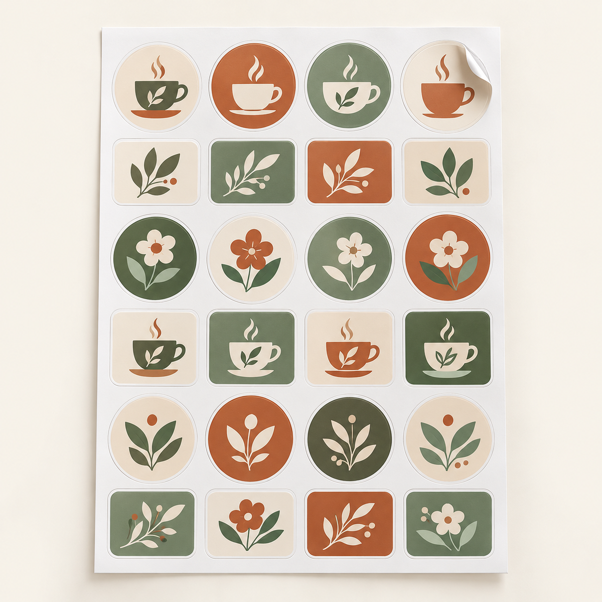 Printed and cut business stickers on an A4 sheet — illustrative example