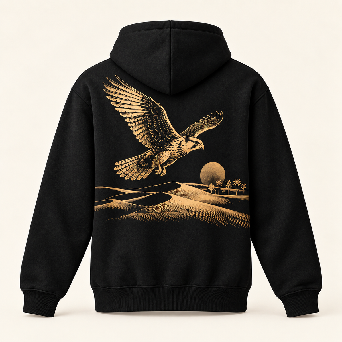 Black hoodie garment back view — illustrative print placement chosen by the customer