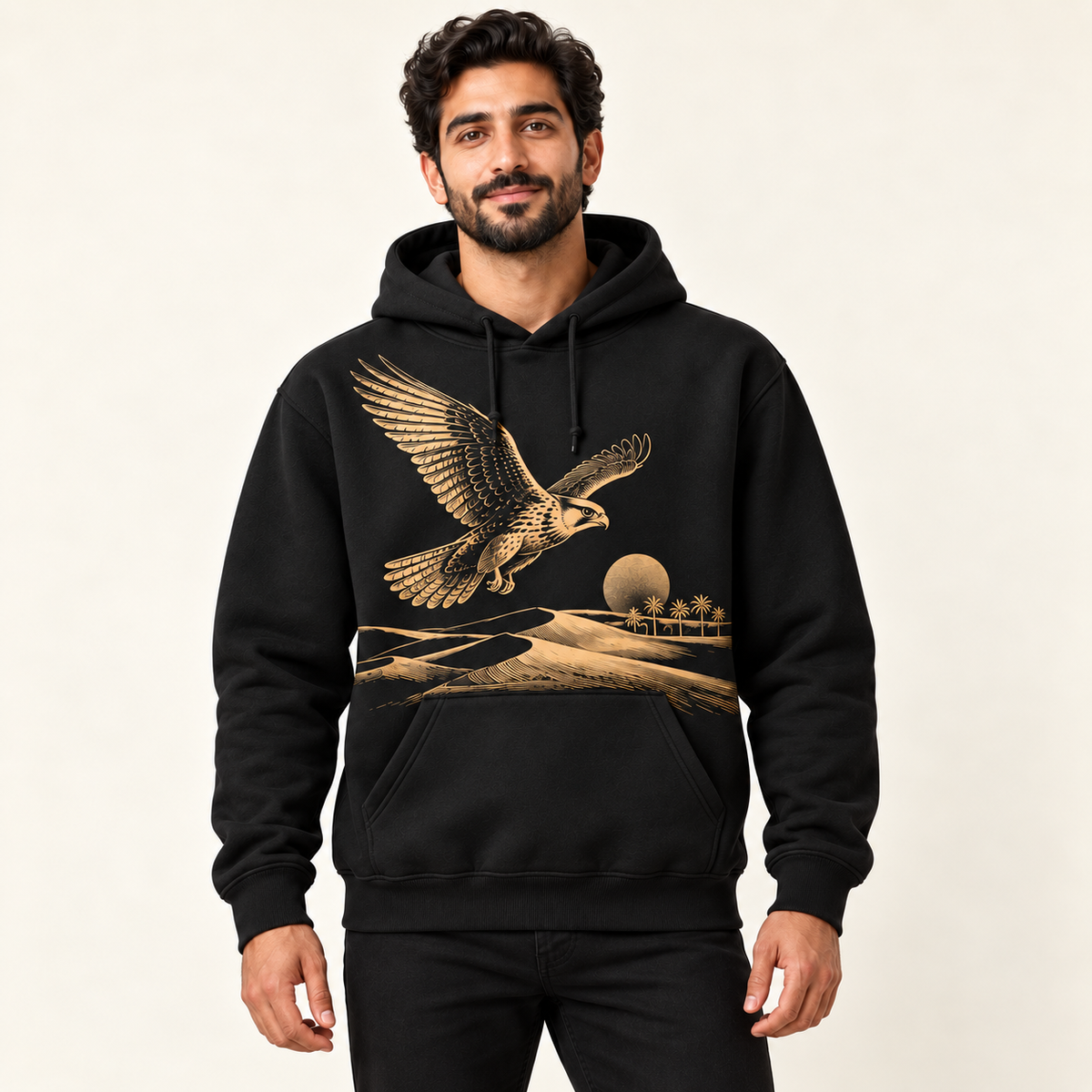 Black hoodie front view on the same model — illustrative print placement chosen by the customer