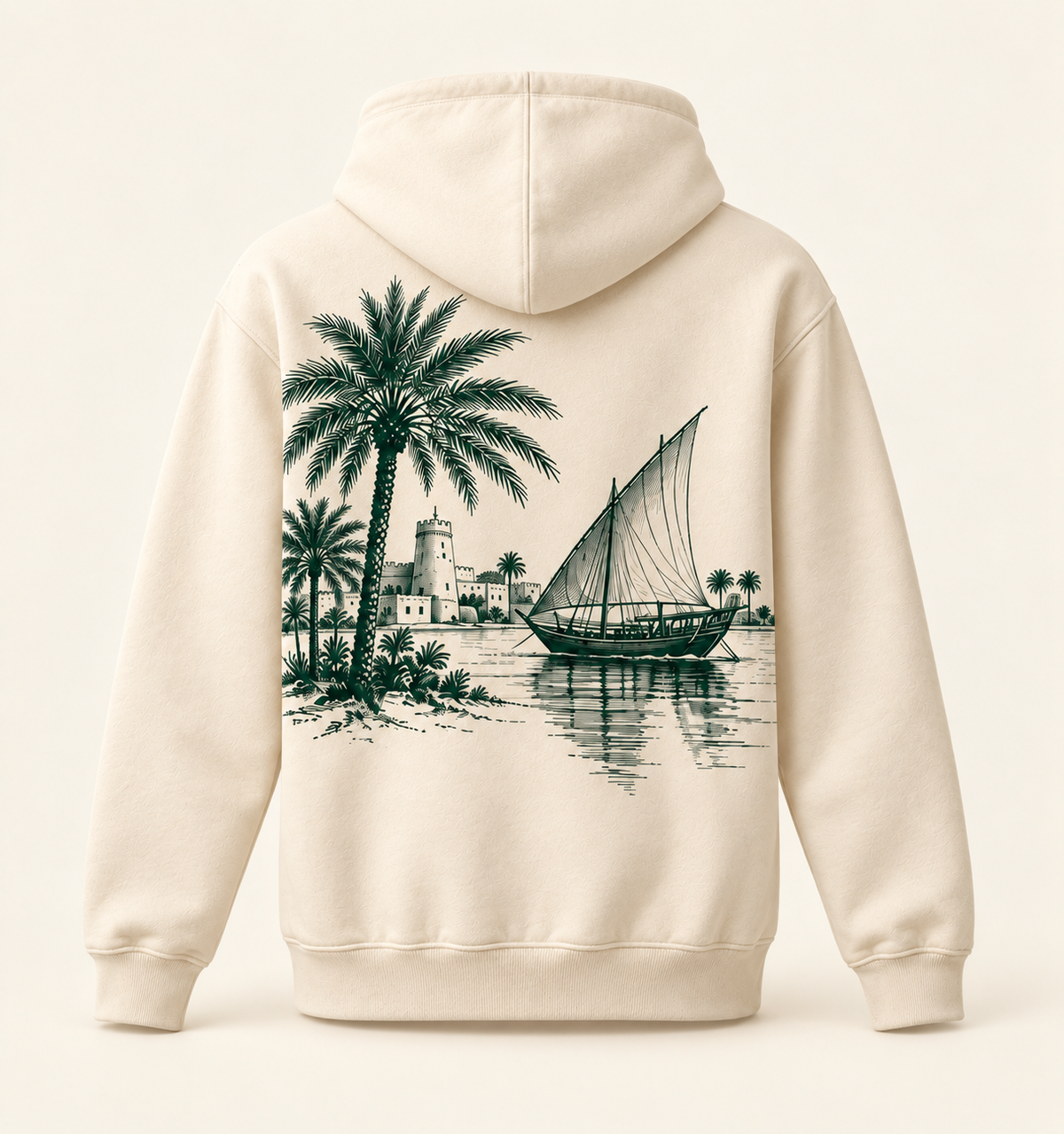 Cream hoodie garment back view — illustrative print placement chosen by the customer