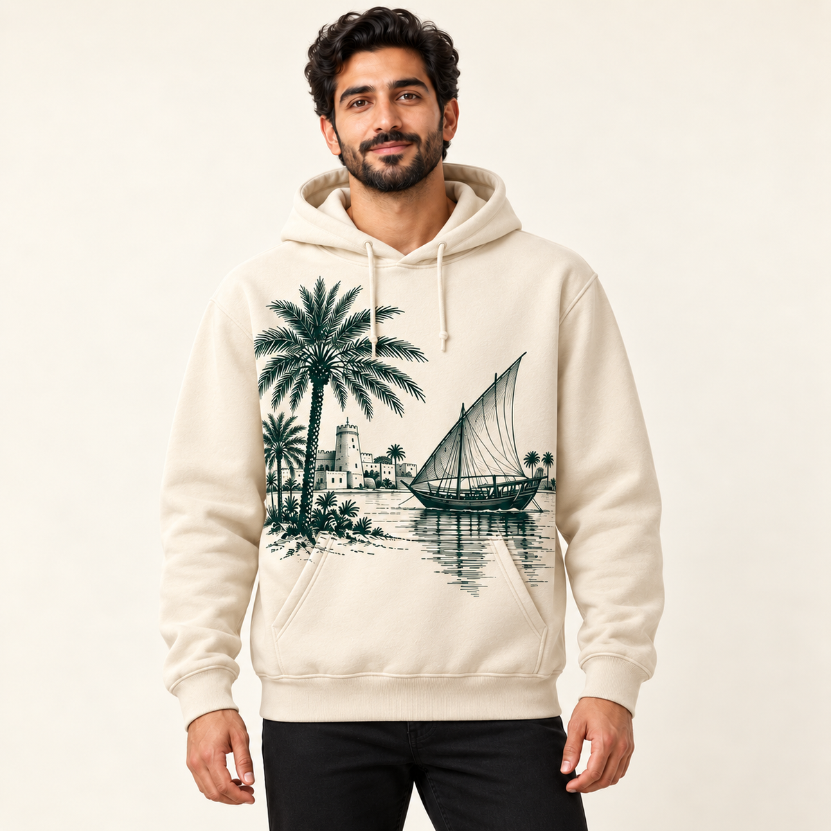Cream hoodie front view on the same model — illustrative print placement chosen by the customer