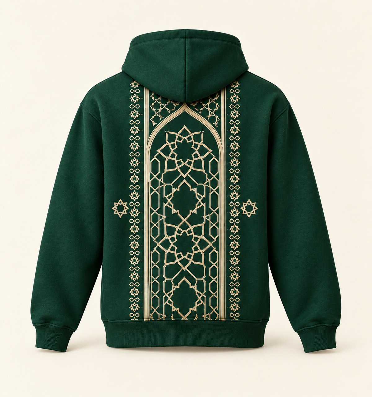 Green hoodie garment back view — illustrative print placement chosen by the customer