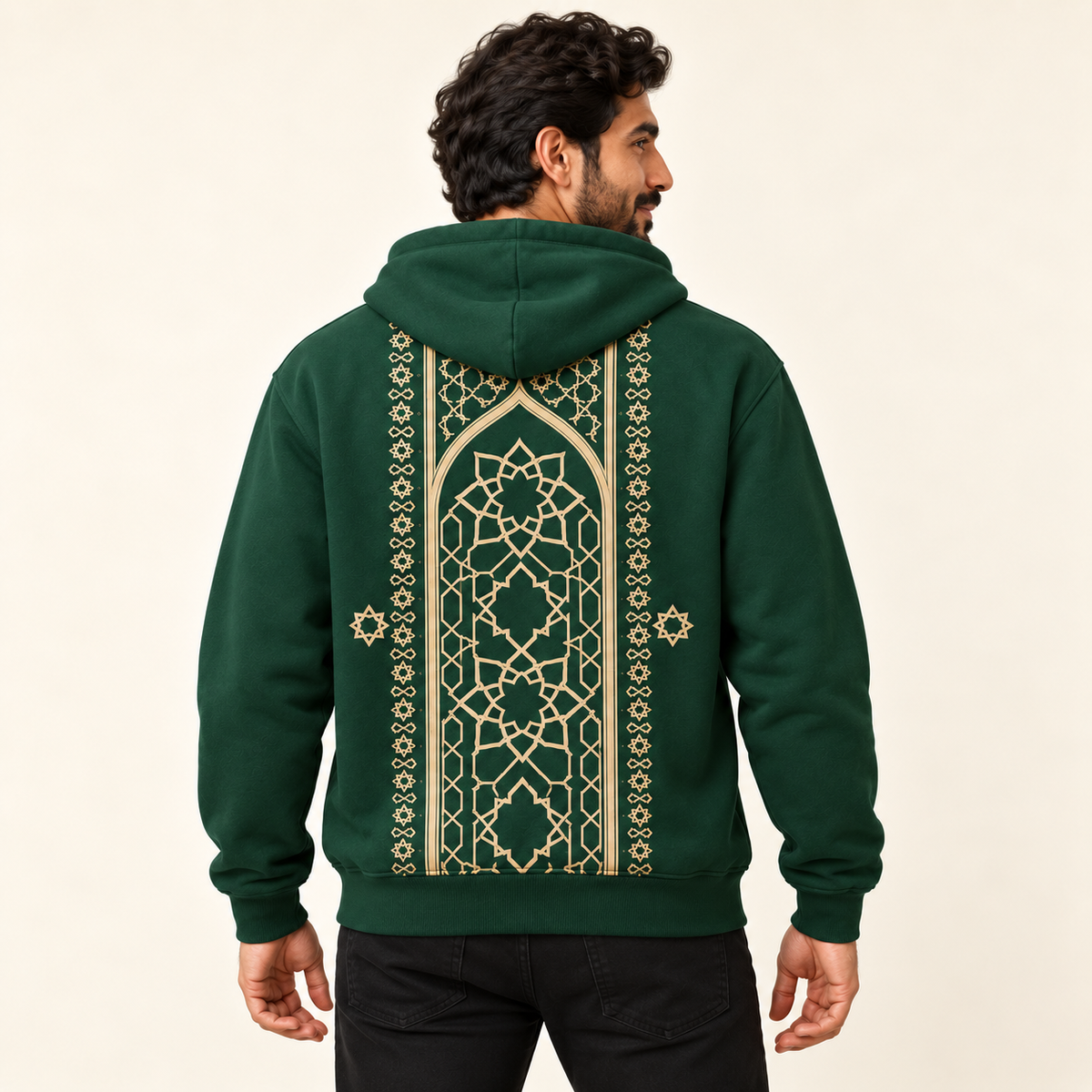 Green hoodie back view on the same model — illustrative print placement chosen by the customer