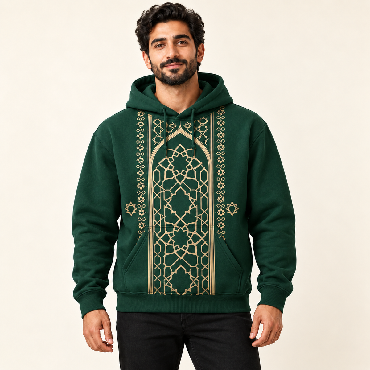 Green hoodie front view on the same model — illustrative print placement chosen by the customer