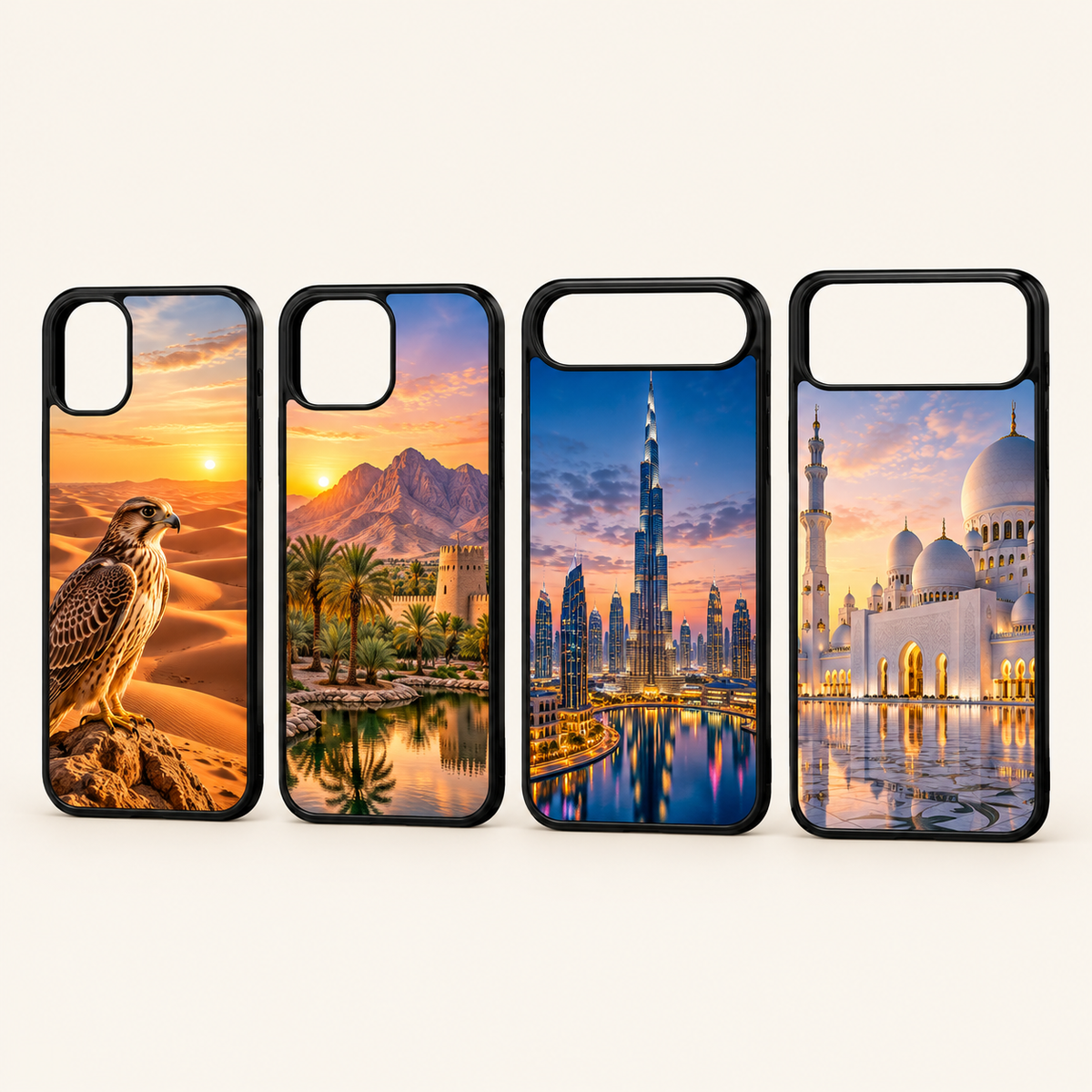 Custom print examples: falcon and desert, Al Ain, Dubai and Abu Dhabi